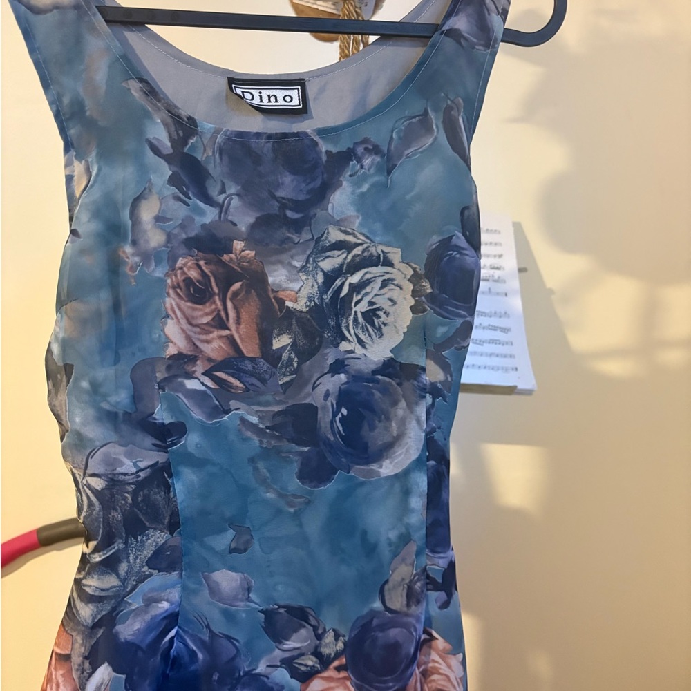 Silk Blend Vintage Floral Maxi Dress in Blue and Pink
